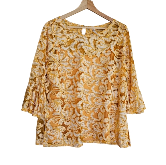 NY Collection Blouse 2X Yellow Lace Mesh Overlay Workwear - Picture 1 of 8